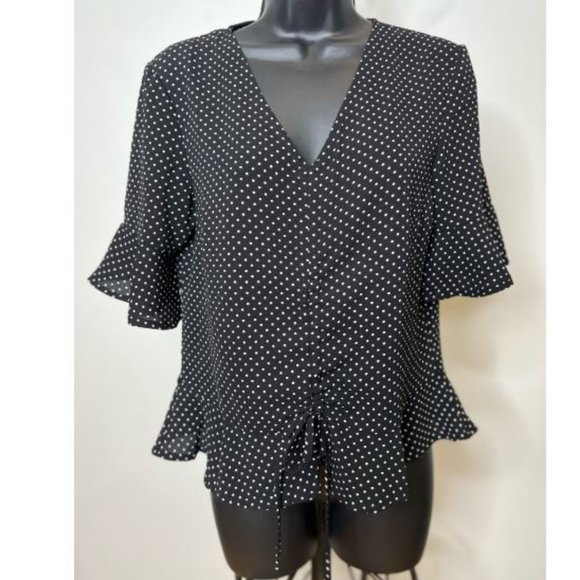 Jules & Leopold Womens Ruffle Sleeve Polka Dot Top Blouse Size S Black - Picture 2 of 5
